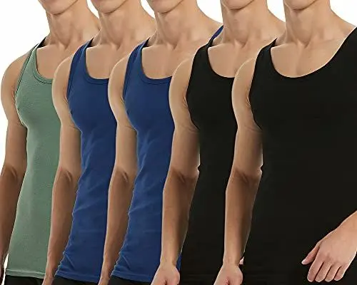 Produktbild: Falechay Unterhemd Herren Tank Top 5er Pack gekämmte Feinripp Baumwolle ärmellos Muskelshirtst Männer Schwarz Blau Olive M