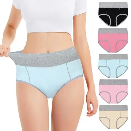 Produktbild: Falechay Unterhosen Damen Unterwäsche Bauchweg Baumwolle Slips Damen Pantys High Waist Taillenslip Mehrpack 5er Pack Schwarz&Rosenrot&Blau&Rosa&Gelb L