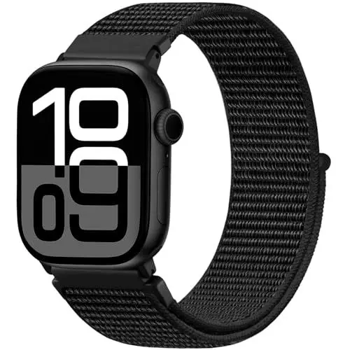 Produktbild: Faliogo Nylon Armband Kompatibel mit Apple Watch Armband 44mm 45mm 46mm 42mm(Series 3/2/1) 49mm, Verstellbare Solo Loop Sportarmband für iWatch Series 10 9 8 7 6 5 4 3 2 1 SE Ultra, Schwarz