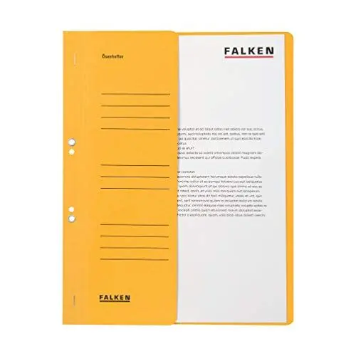 Produktbild: Original Falken 50er Pack Ösenhefter. Made in Germany. Aus Recycling-Karton mit halbem Vorderdeckel und kaufmännischer Heftung für DIN A4 gelb Hefter Sammelmappe Blauer Engel
