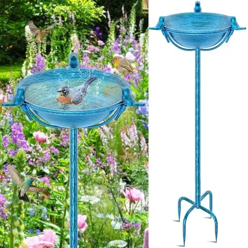 Produktbild: FaloStwer Metall Vogelbad Garten für Wildvögel Wassertränke Mit 3 Vogelskulpturen, Vogeltränke Futter Schale Wasserstelle Stehend, Vogelbad Futterstelle für das Blumenbeet oder (Retro Blau)