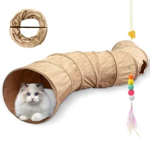 Produktbild: Faltbar Katzentunnel Katzenspielzeug mit Ball Spieltunnel Knisternder Rascheltunnel Aus Wildleder für Alle Katzen Kaninchen Welpen und Kleine Tiere, Mit Hängendem Lustiger Katzenstock (S- Khaki)