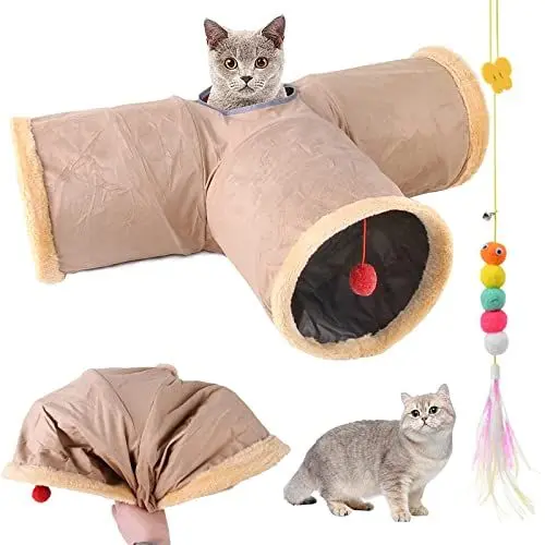 Produktbild: Faltbar Katzentunnel Katzenspielzeug mit Ball Spieltunnel Knisternder Rascheltunnel Aus Wildleder für Alle Katzen Kaninchen Welpen und Kleine Tiere, Mit Hängendem Lustiger Katzenstock (T- Khaki)