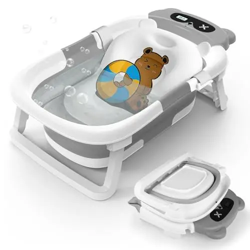 Produktbild: Faltbare Baby Badewanne von 0-12-24 Monaten Geeignet, Babybadewanne mit Thermometer Neugeborene Portable Baby Bathtub Platzsparend Babybadezubehör
