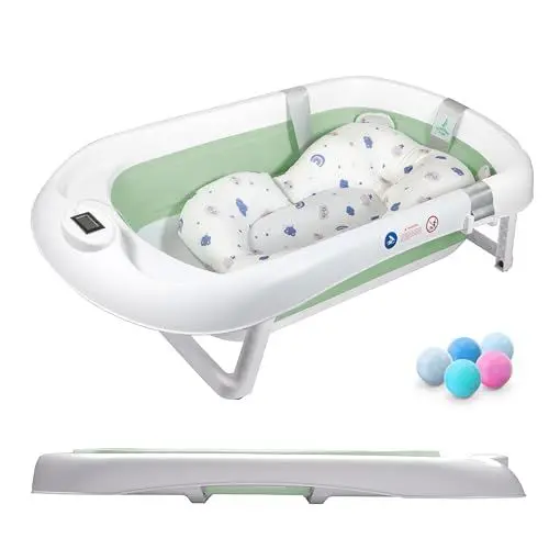 Produktbild: Faltbar Baby Badewanne Mit Rutschfestem Badekissen - Babywanne XXL Mit Baby Badewannensitz & Badethermometer - Von Der Geburt Bis 3 Jahre - Baby Bathtub - Geburtsgeschenke Für Mädchen & Jungen