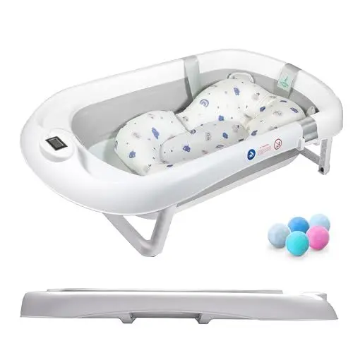 Produktbild: Faltbar Baby Badewanne Mit Rutschfestem Badekissen - Babywanne XXL Mit Baby Badewannensitz & Badethermometer - Von Der Geburt Bis 3 Jahre - Baby Bathtub - Geburtsgeschenke Für Mädchen & Jungen