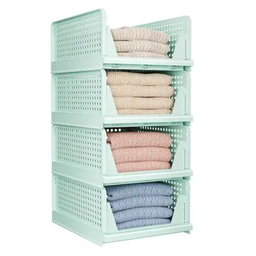 Produktbild: Faltbare Schrank-Organizer, Aufbewahrungsbox, stapelbare Aufbewahrungskörbe, Kunststoff-Schubladenkorb, Schrankaufbewahrung für Kleiderschrank, Küche, Bad, Büro, Grün, 4 l, 4 Stück