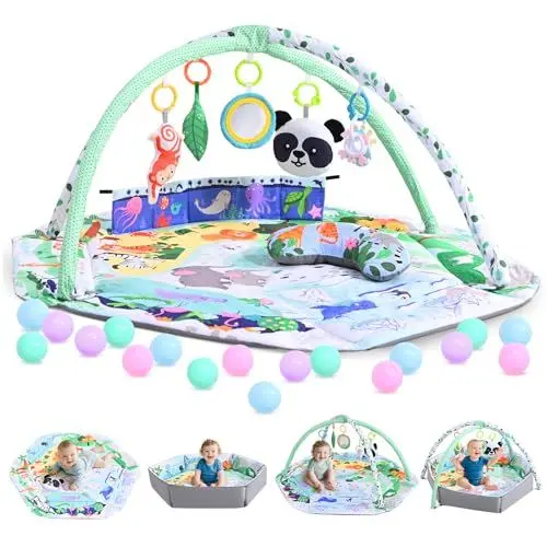 Produktbild: Faltbare Spielbogen Baby Spieldecke Mit Entwicklungszonen,Interaktive Sensorik Spielzeug Holz,Krabbeldecke für Baby zur Motorik & Sinnesförderung, Essentials für 0-18 Monate, Babyparty Geschenk
