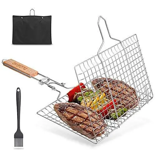 Produktbild: Faltbarer BBQ Grillkorb, Huolewa Tragbares Grillwerkzeug Grillroste Grillkorb Grill für Fischgemüse Steak Garnelenkoteletts, aus strapazierfähigem Edelstahl 304, Bonus Saucenpinsel und Tragetasche