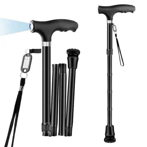 Produktbild: Faltbarer Gehstock mit Licht, OOCOME Faltbare Gehstöcke für Männer & Frauen Senioren Gehhilfen Zusammenklappbarer Gehstock mit Rutschfester Basis Einstellbare Höhe 77cm-90cm