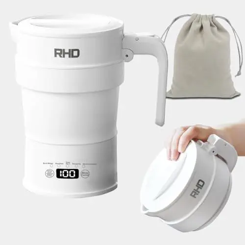 Produktbild: Faltbarer Reisewasserkocher Klein, Smart Camping Wasserkocher, 0.7L Tragbarer Heißwasserkocher mit Multifunktionstafel, 316 Edelstahlboden, Warmhaltefunktion und Startverzögerung, BPA-frei,1000W, Weiß