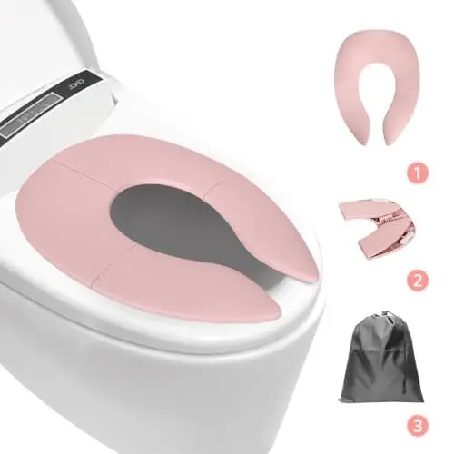 Produktbild: Faltbarer Toilettentrainer Kinder, Toilettensitzbezug Reise, Toilettensitz kinder WC Sitz Toilette mit Rutschfesten Silikonkissen, Toilettensitz für unterwegs, reise töpfchensitz, Rosa