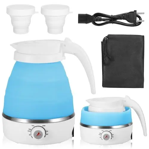 Produktbild: Faltbarer Wasserkocher 0,6L, 5-Stufige Temperatureinstellung Reisewasserkocher Klein, Silikon Camping Wasserkocher mit 2 Faltbecher, Edelstahlboden Tragbarer Mini Wasserkocher für Camping (Blau)