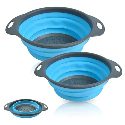 Produktbild: Faltbares Sieb, 2 Stück Nudelsieb Faltbar Silikon Abtropfsieb Klappbar Durchschlag Sieb Blau Küchensieb mit Griff für Nudeln Obst Gemüse(30cm und 25cm)