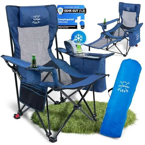 Produktbild: Faltbuddy® Campingstuhl faltbar & Liegestuhl klappbar 2in1 bis 180Kg blau (XXL Kühltasche) Faltstuhl I Klappstuhl I Angelstuhl Campingliege Strandliege klappbar leicht - Angler Strand Festival Outdoor