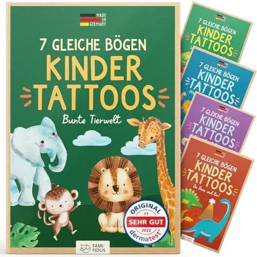 Produktbild: Famifidus +115 Hautfreundliche Temporäre Tattoos I 7 Gleiche Bögen I Dermatologisch SEHR GUT I Kinder Tattoo MADE IN GERMANY I Tattoos für Kinder (Bunte Tierwelt)