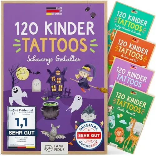 Produktbild: Famifidus 120 hautfreundliche HALLOWEEN Kinder Tattoos I I Dermatologisch SEHR GUT I Kindertattoos MADE IN GERMANY I Tattoo Kinder I Unsere Tattoos für Kinder