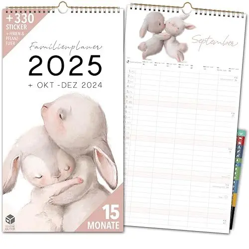 Produktbild: Familienkalender 2025 5 Spalten ILLUSTRATIONEN Familienplaner 2025 und Okt-Dez 2024 Wandkalender 24 x 43cm Planer für Familie 2025 Wandplaner STICKER Recycling Urlaub Liebe Tiere Freundschaft Love