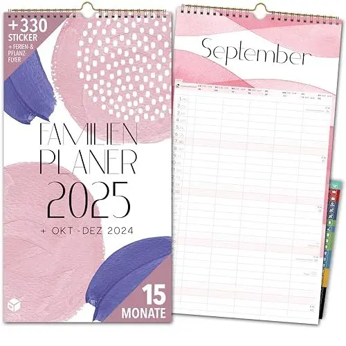 Produktbild: Familienkalender 2025 5 Spalten PASTELL Familienplaner 2025 und Okt-Dez 2024 Wandkalender 24 x 43cm Planer für Familie 2025 Wandplaner STICKER Recycling Urlaub Wasserfarben Pink Blau (2025)