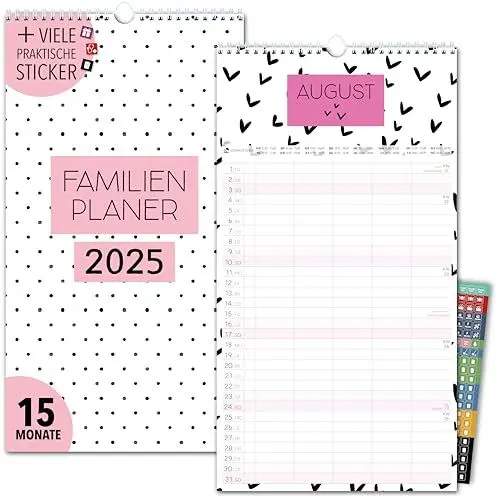 Produktbild: Familienkalender 2025 5 Spalten SCHWARZ-WEIß COLOUR Familienplaner 2025 und Okt-Dez 2024 Wandkalender 23 x 43cm Planer für Familie 2025 Wandplaner STICKER Recycling Urlaub, Pflanzkalender black white