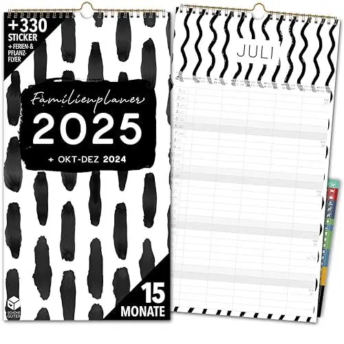 Produktbild: Familienkalender 2025 5 Spalten SCHWARZ WEIß Familienplaner 2025 und Okt-Dez 2024 Wandkalender 24 x 43cm Planer für Familie 2025 Wandplaner STICKER Recycling Urlaub Black and White