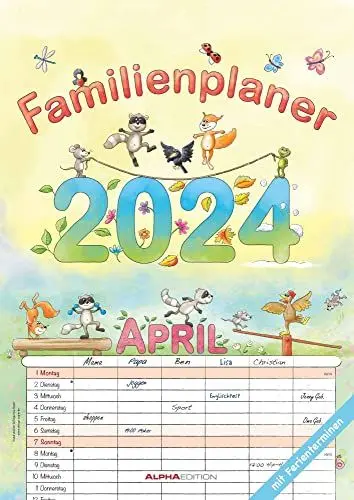 Produktbild: Familienplaner Cartoon 2024 - Familienkalender A3 (29,7x42 cm) - mit 6 Spalten, Ferienterminen (DE/AT/CH) und viel Platz für Notizen - Wandkalender: by Silke Leskien