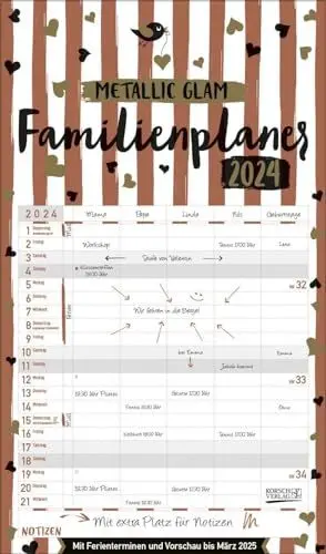 Produktbild: Familienplaner Metallic Glam 2024: Familienkalender, 5 breite Spalten, echter Metallic Glanz. Mit Ferienterminen, Vorschau bis März 2025 und vielem mehr.