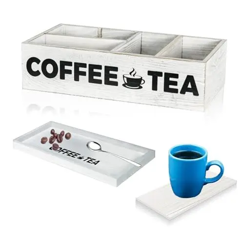 Produktbild: Famimall Kaffeestation-Organizer aus Holz mit Tablett, DIY-Aufbewahrungs-Organizer mit herausnehmbaren Trennwänden, Kaffee-Organizer aus Holz für Arbeitsplatte, Bauernhaus-K-Cup-Kaffeekapselhalter