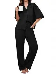 Produktbild: Famulily Baumwolle Pyjamas Frauen weiche kuschelige Nachtwäsche Kurzarm Loungewear Zweiteilige Pjs Set Schwarz XXL