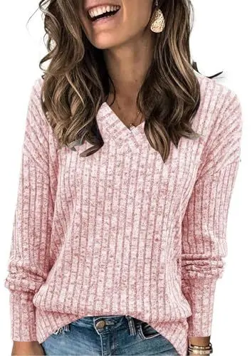 Produktbild: Famulily Casual Pullover Damen V Ausschnitt Langarmshirt, Oversize Leichte Strickpullover Elegant Oberteile Herbst (XL,Rosa)