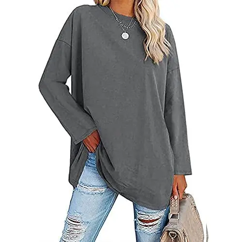 Produktbild: Famulily Damen Bequeme Tunika T-Shirt Loose Fit Langarm T-Shirt Shirts Tops (XXL, Dunkelgrau)