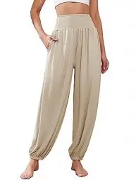 Produktbild: Famulily Sommerhose für Damen Frauen Lose Gesmokte Palazzo Haremshosen mit Taschen Khaki M
