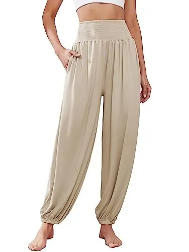 Produktbild: Famulily Sommerhose für Damen Frauen Lose Gesmokte Palazzo Haremshosen mit Taschen Khaki M