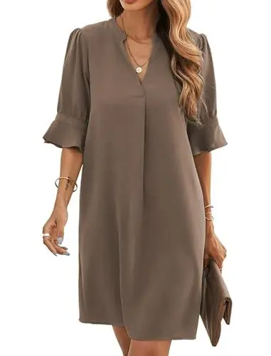 Produktbild: Famulily Damen Casual Minikleider Geraffte Halbe Ärmel V Hals Shift Kleid Sommer Arbeit Kleider Kaffee M