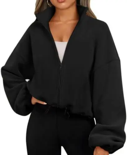 Produktbild: Famulily Damen Casual Sweatshirts Full Zip High Neck Pullover Gemütliche Leichte Kurze Athletische Tops Schwarz M