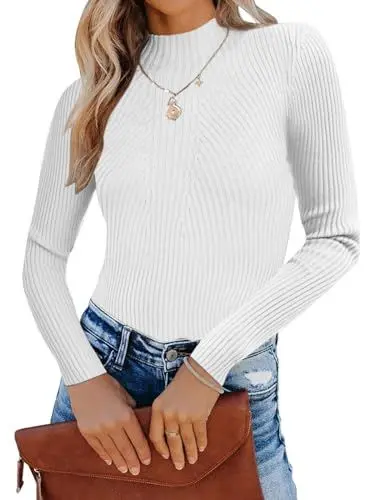 Produktbild: Famulily Damen Elegante weiße Turtleneck Pullover Pullover Pullover-Tops Weiche gerippte Strick Langarm-Pullover-Tops (M, Weiß)