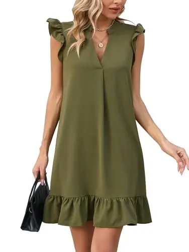 Produktbild: Famulily Damen Frühling Tunika Kleider Mütze Ärmel Casual Kurz Flowy Strand Kleid Armee Grün XXL
