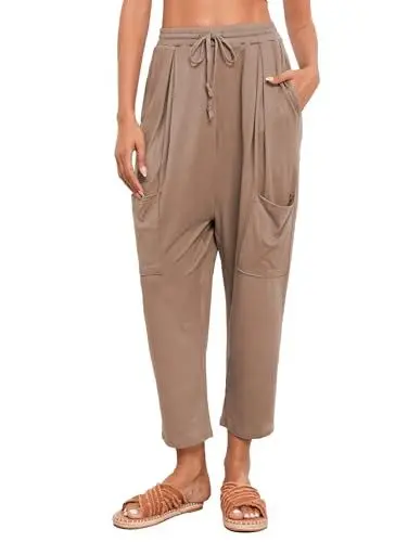Produktbild: Famulily Damen Haremshosen mit Taschen Elastische Taille Kordelzug Cropped Cargo Hose für Sommer Braun M