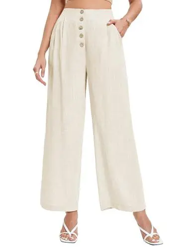 Produktbild: Famulily Damen Leinen Culottes Hosen für Frauen, Weitbein Hosen mit Taschen Lose Hosen für Arbeit (S, Beige)