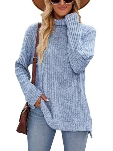 Produktbild: Famulily Damen Longline Pullover High Neck Langarm Seite Split Ribbed Winter Kleidung Pullover Tops (XL, Blau)