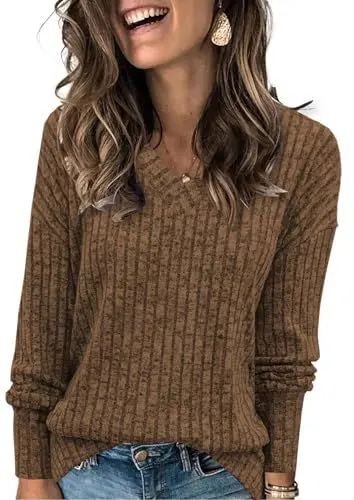 Produktbild: Famulily Damen Pullover Langarmshirt Oversize Leichte Strickpullover V-Ausschnitt Elegant Oberteile Herbst (M,Braun)