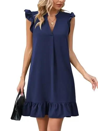 Produktbild: Famulily Freizeitkleider für Frauen Rüschenkappen Ärmel Trendy Strand Swing Tunikakleider Blau L