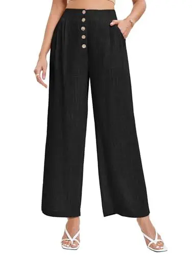 Produktbild: Famulily Damen Sommer Flowy Leinen Hosen Casual Schwarze Hose Loose Fit Button Up Lounge Hosen (S, Schwarz)