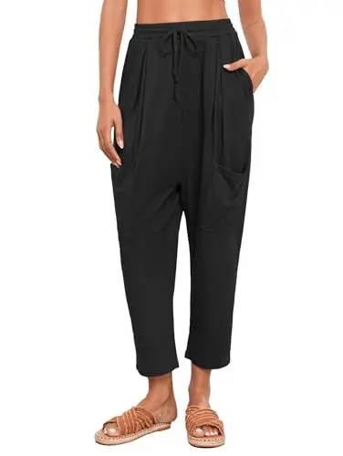 Produktbild: Famulily Damen Sommerhosen Harem Yoga Hose mit hoher Taille und tiefem Schritt Lounge Lose Hose mit Taschen Schwarz XXL