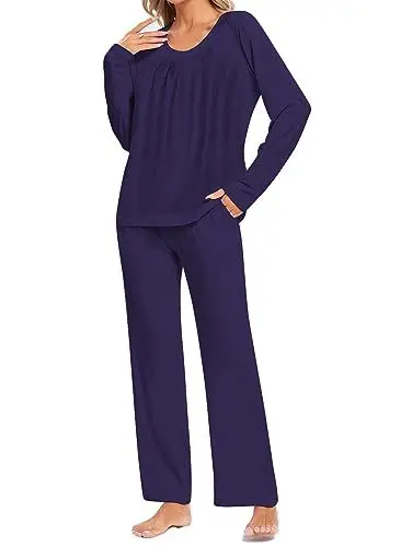 Produktbild: Famulily Damen Winter Pyjama Sets Langarm Homewear Soft Smoked O Neck 2 Pcs Pjs Set mit Taschen Marineblau S