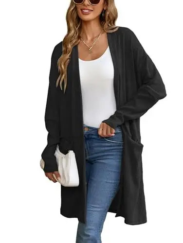 Produktbild: Famulily Lange Schwarze Strickjacken für Damen,Offene Front Langarm Oberbekleidung Strickjacken mit Taschen (XL, Schwarz)