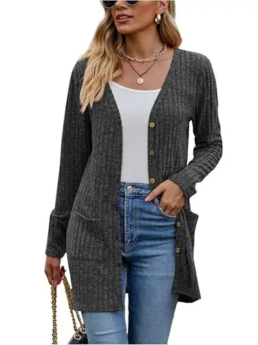 Produktbild: Famulily Einfarbige Lange Strickjacke für Frauen, gerippte Strick leichte Oberbekleidung Pullover mit Taschen (L, Dunkelgrau)