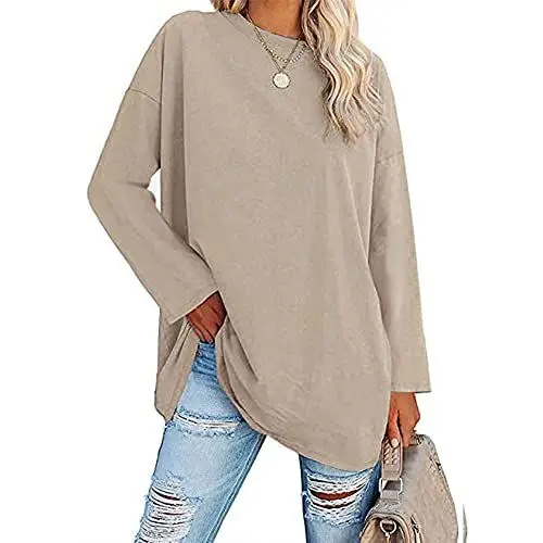 Produktbild: Famulily Frauen Plain T-Shirts Damen Rundhals Langarm Bequeme Baumwolle Loose Tee Tunika Tops (XL, Beige)