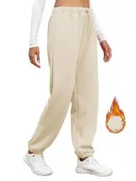 Produktbild: Famulily Frauen gebürstete Winter Athletic Joggers Hosen, Oversized Sweatpants Gym Sporthose mit Kordelzug (S, Beige)