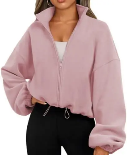 Produktbild: Famulily Frühling Pullover Sweatshirts für Damen Langarm Übergröße Basic Full Zip Fleece Kurz Jacke Loose Fit Outwear Tunika Hoodies Rosa L
